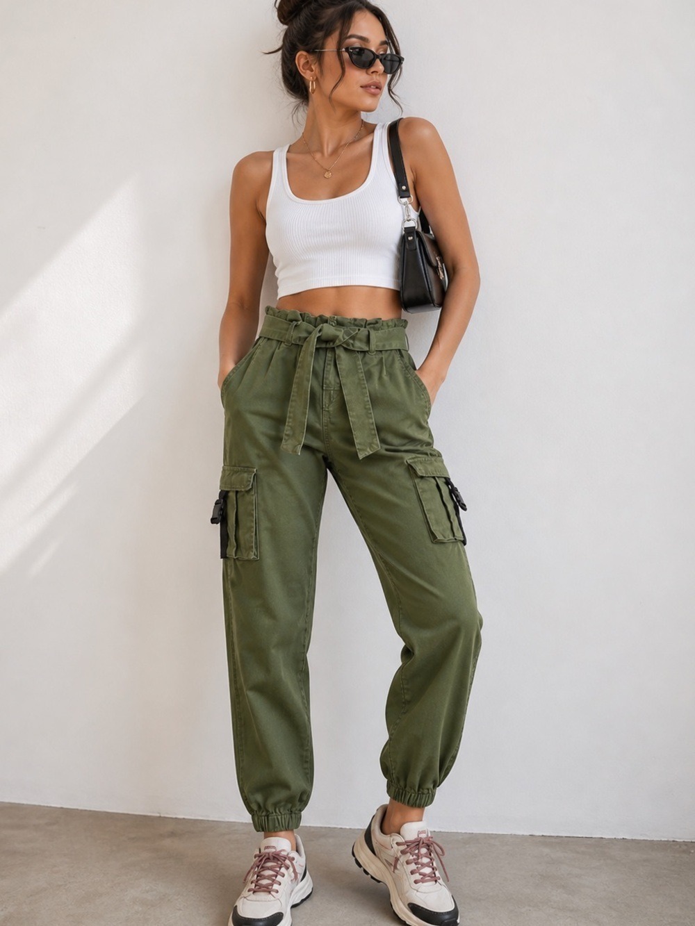 Forever 21 Olive Green Paperbag Waist Cargo Joggers Size S Utility Pants - Picture 1 of 9